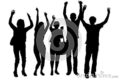 A group of young people tourists. Three girls and two guys in the summer stand tall, their hands raised up, welcoming and rejoicin Vector Illustration